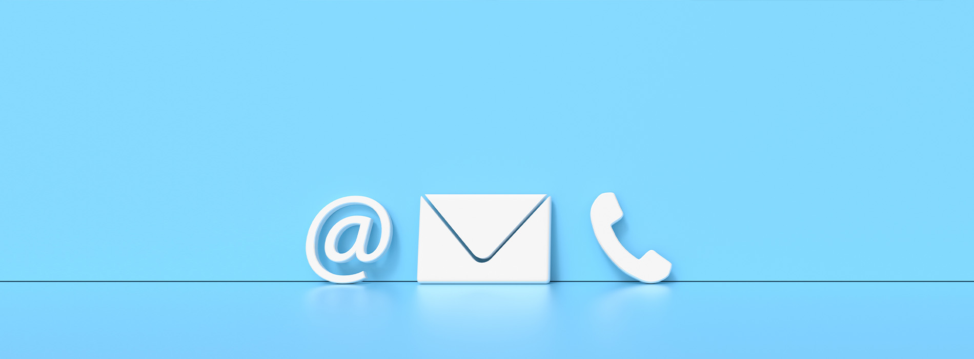 The image shows a graphic representation of an email icon with a white envelope and a blue mailbox, set against a light blue background, with a phone icon positioned below the email symbol.